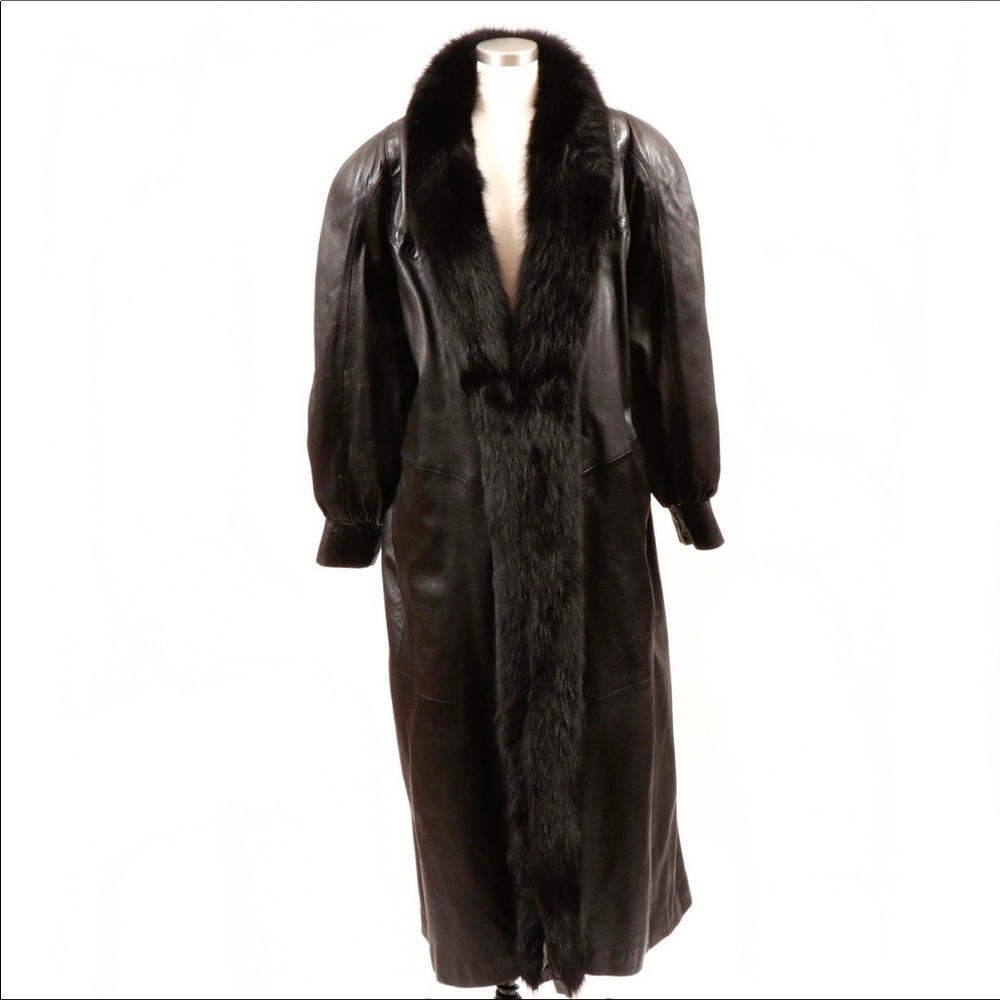 Leather Oversized Style Coat with Embossed Trim and Fox Fur Tuxedo Collar